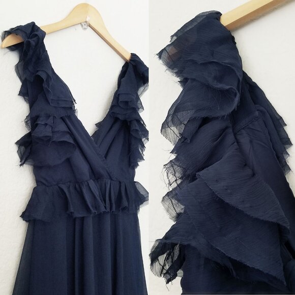 NEW Lulus Navy Blue Ruffled Tie-Back Maxi Dress S Gown Chiffon Fairy Romantic - Picture 12 of 16